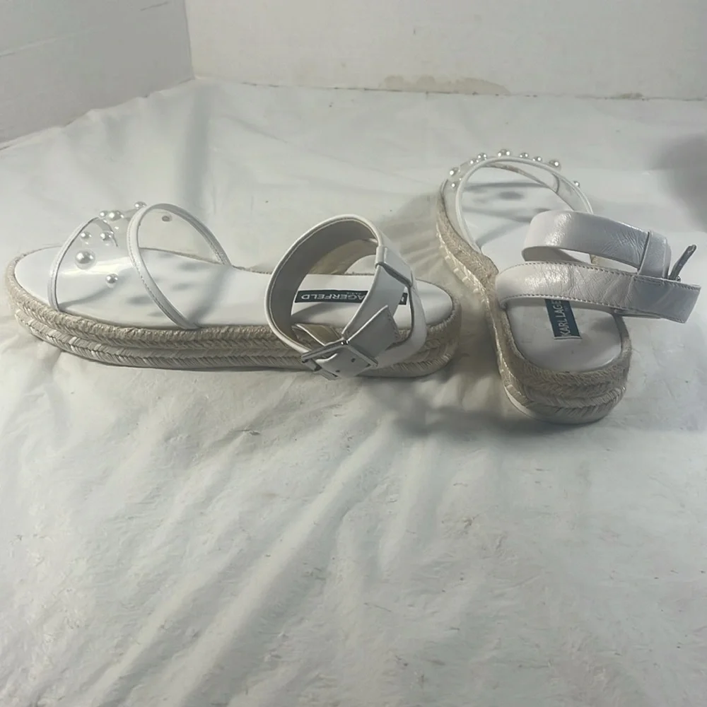 Karl Lagerfeld Paris Women’s White Adalina Espadrille Sandals with Pearl Details